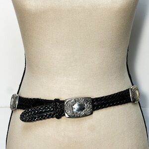 Brighton Vintage Black Braided Leather Belt Silver Buckle Conchos Womens size L